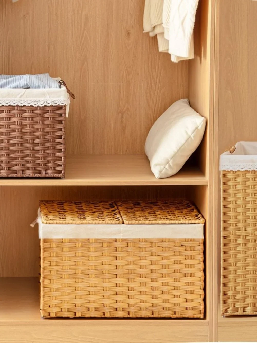 Stylish Rattan Storage Basket with Lid, 2-Pack Natural Woven Bins for Organizing